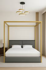 Birkhall 4 Poster Metal Bed Frame Gold & Black Frame With Upholstered Grey Fabric