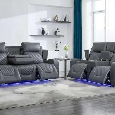 3+2 Electric Sofa Set – Grey or Black | Hi-Tech Power Recliner, USB & Type-C Ports, Cupholders, Console & Built-in Speakers - DF Beds