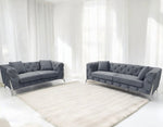 Velvet Fabric Chesterfield Sofa - Silver French Wing Legs