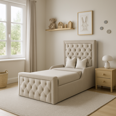 Chesterfield Upholstered Toddler Bed Frame With Side Rails 3ft Single Cream