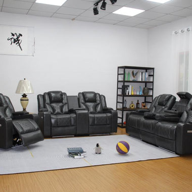 Bravado 3 + 2 + 1 Genuine Leather Power Recliner Sofa With Adjustable Headrest And Extras Black