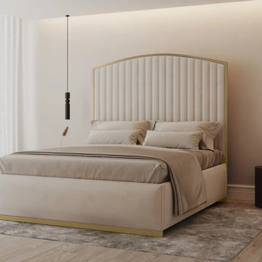 Curved Gold Metal Bed Frame with Upholstered Cream