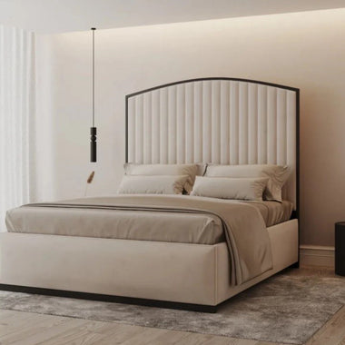 Curved Black Metal Bed Frame with Upholstered Cream