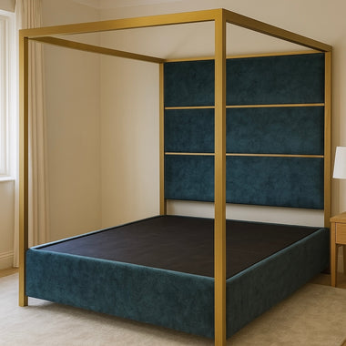 Royal 4 Poster Bed Frame Gold Metal Frame Upholstered Fabric