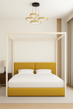 Birkhall 4 Poster Metal Bed Frame 6ft Super King Cream Frame With Upholstered Mustard Fabric