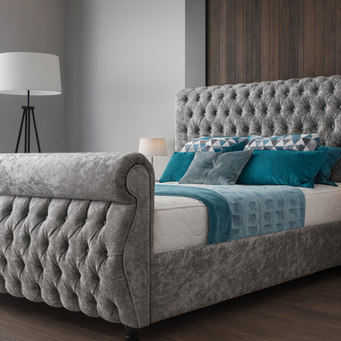 Royal Swan Sleigh 5ft King Bed Frame Silver Matching Buttons