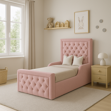Chesterfield Upholstered Toddler Bed Frame With Side Rails 4ft 6 Double Pink