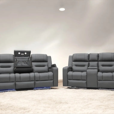 Titus Electric Recliner Leather Sofas With Fast Wireless Charger, LED Lighting, USB + Type C Ports And Arm Storage - DF Beds