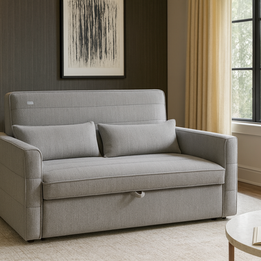 Grey sofa bed in a living room with a lamp, plant, and coffee table.