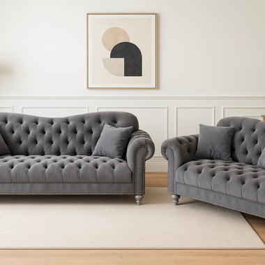 Grey Italian Chesterfield Velvet Sofa 3 + 2 Seater Set with Silver Legs