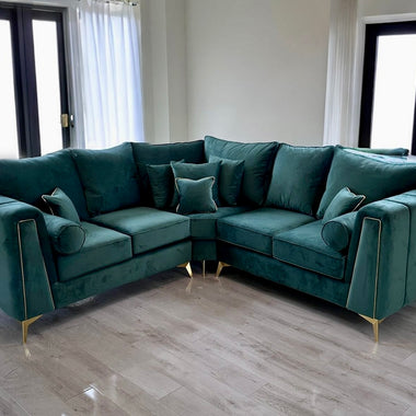 Elizabeth Corner Sofa Fabric Green With Gold Legs and trimmings