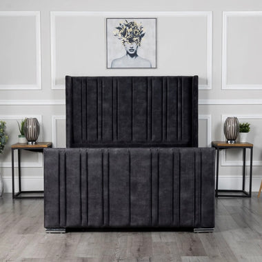 Luxe Winged Upholstered Bed Front View 6ft Super King Grey With Vertical Lines