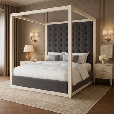 Cambridge 4 Poster Bed Frame Cream Frame 6ft Super King Grey Plush Fabric