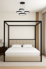 Birkhall Cube Design 4 Poster Metal Bed Frame Black Frame With Upholstered Cream Fabric