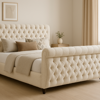 Royal Swan Sleigh 4ft 6 Double Bed Frame Crewm Boucle Fabric Matching Buttons