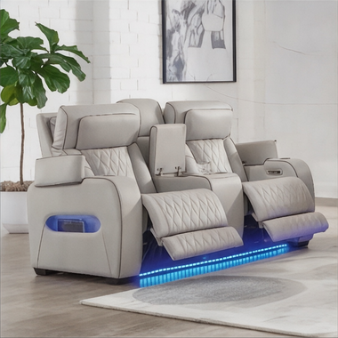 Knightsbridge Beige Modern 2 Seater recliner chairs with LED lighting in a living room setting.
