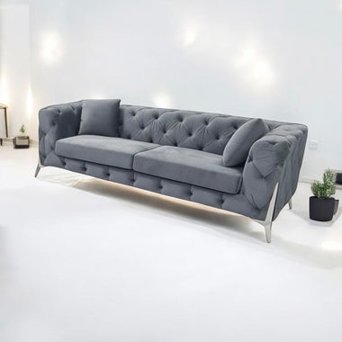 Velvet Fabric Chesterfield Sofa - Silver French Wing Legs