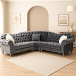 Grey Italian Chesterfield Velvet Corner Sofa5 Seater with Silver Legs