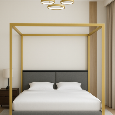 Birkhall 4 Poster Metal Bed Frame Gold & Black Frame With Upholstered Grey Fabric