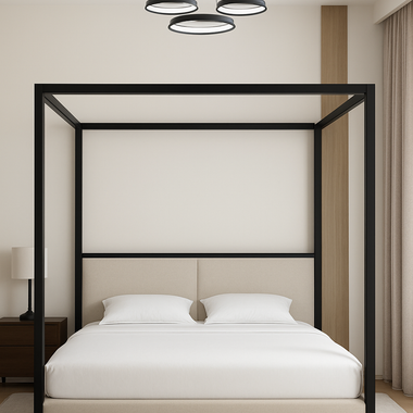 Birkhall 4 Poster Metal Bed Frame Black Frame With Upholstered Ivory Fabric 