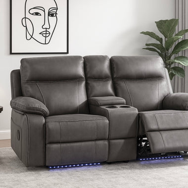 2 Seater charcoal black cinema tech fabric electric recliner sofa with cup holders and LED lighting in a living