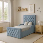 Chesterfield Upholstered Toddler Bed Frame With Side Rails 4ft Small Double Blue