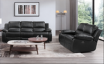 A black leather recliner sofa and a 3-seater sofa arranged in a living room setting with a modern design.