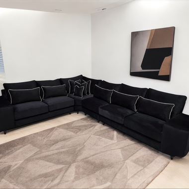 Soho Double Corner Fabric Sofa - Fullback & Cushions Black Plush