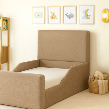 Plain Kids Upholstered Bed Frame With Side Rails 3ft Single Mink Linen 
