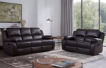 A brown leather recliner sofa and a 3-seater sofa arranged in a living room setting with a modern design.