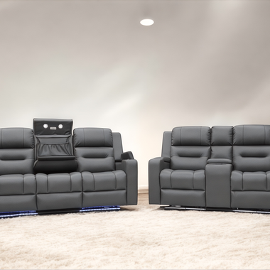 Titan Electric Recliner Leather Sofas With Fast Wireless Charger, LED Lighting, USB + Type C Ports And Arm Storage