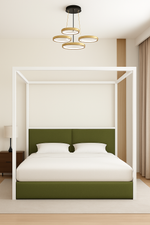 Birkhall 4 Poster Metal 5ft King Bed Frame White Frame With Upholstered Olive Fabric 