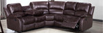 Brown leather corner sectional sofa with reclining seats on a light wood floor.