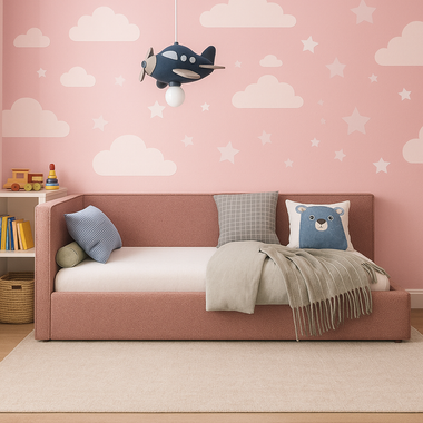 Cuddlecove Bed Frame 4ft Small Double Toddler Bed upholstered Pink Teddy Fabric