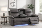 3 Seater charcoal black cinema tech fabric electric recliner sofa with cup holders and LED lighting in a living