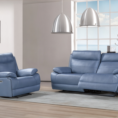 Lilly Electric Recliner Set Blue and Grey Leather Sofa