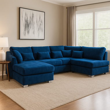 Chelsea U shape Fullback Fabric Sofa Blue with Chrome feet