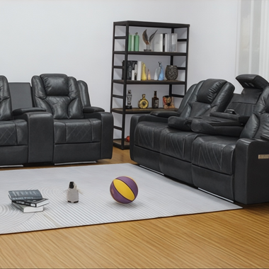 Bravado 3 + 2 Genuine Leather Power Recliner Sofa With Adjustable Headrest And Extras