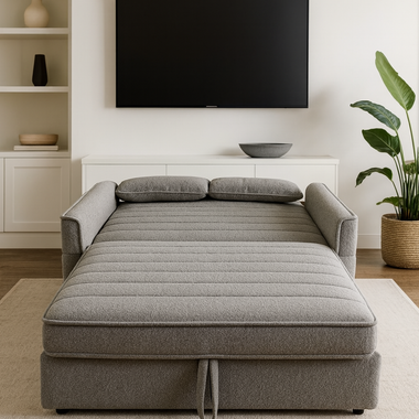 Grey sofa bed in open position in a living room with a TV and plant