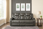 Bravado 3 Seater Genuine Leather Power Recliner Sofa With Adjustable Headrest And Extras Grey