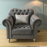Grey Italian Chesterfield Velvet Sofa 1 Seater Armchair with Silver Legs