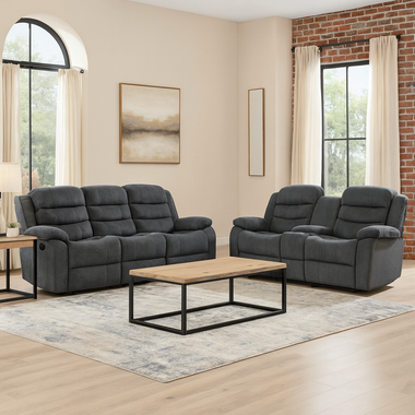 Roma Plus Fabric 3 + 2 Seater Set Reclining Sofa With Super Fast Wireless Charger And Cupholders Grey