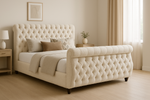 Royal Swan Sleigh 4ft 6 Double Bed Frame Crewm Boucle Fabric Matching Buttons