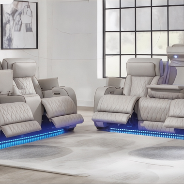 Knightsbridge Modern 3 + 2 Seater set recliner chairs with LED lighting in a living room setting.